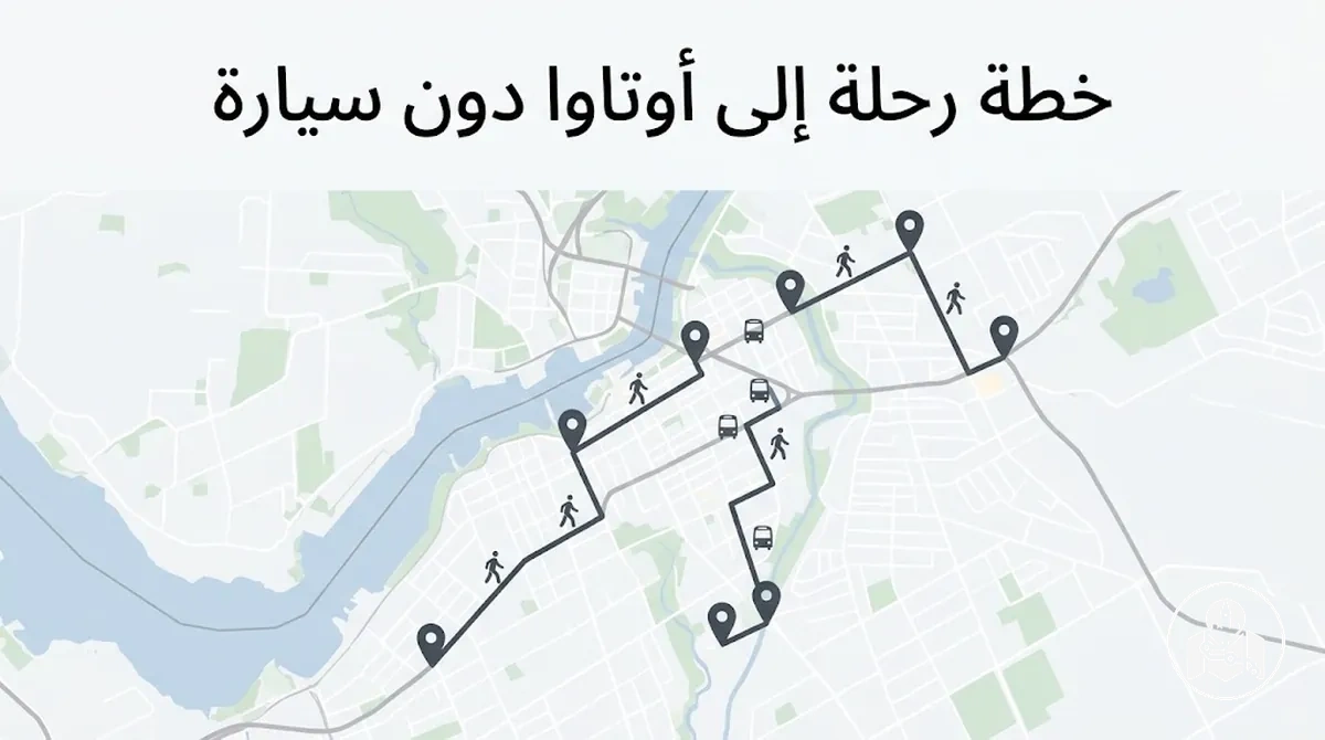 خطة رحلة في أوتاوا دون سيارة تعتمد على المشي والنقل العام بين المعالم
