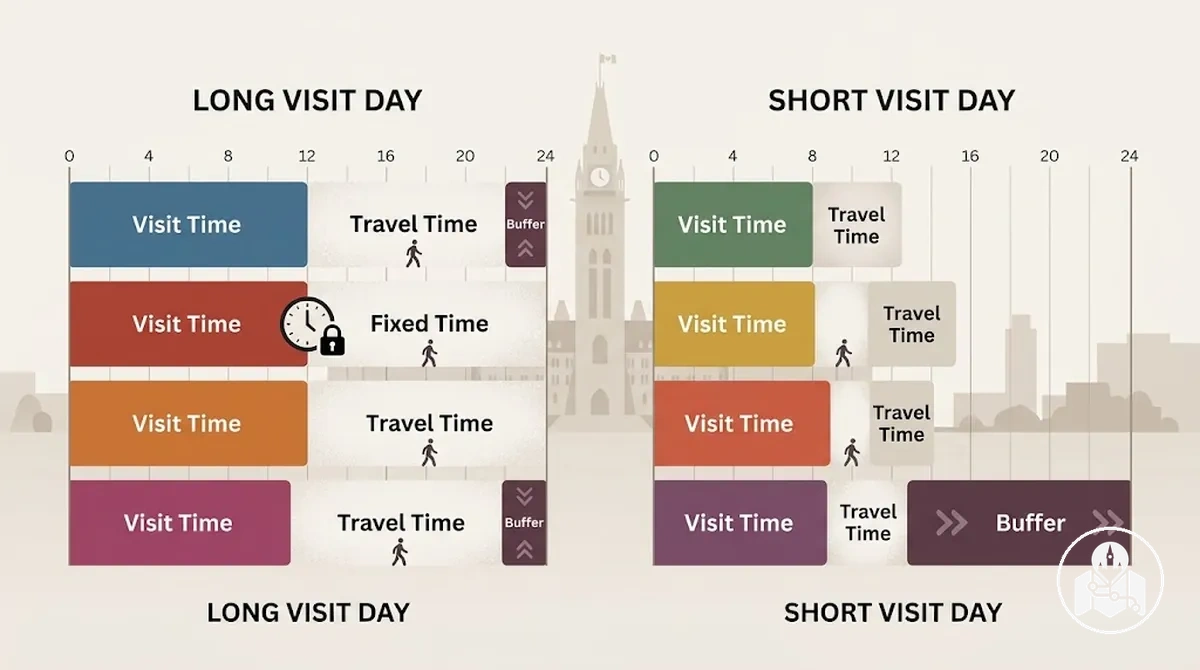 مقارنة بين يومين لاستكشاف أوتاوا توضح كيف تغيّر المدة والمسافة والوقت الاحتياطي عدد المعالم التي يمكن تضمينها