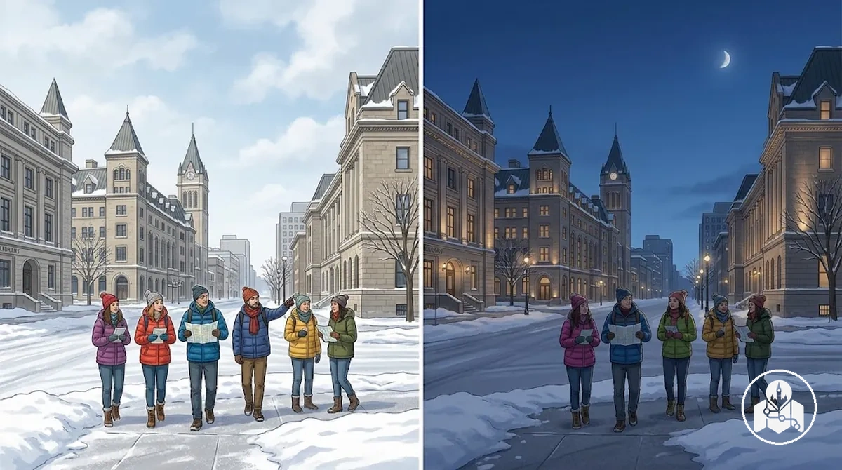 مشاهدة معالم أوتاوا الخارجية في ضوء النهار الشتوي وبعد حلول الظلام