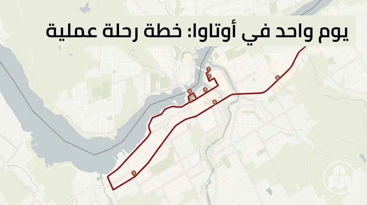 مسار سياحي ليوم واحد في أوتاوا يوضح المحطات الرئيسية بالترتيب