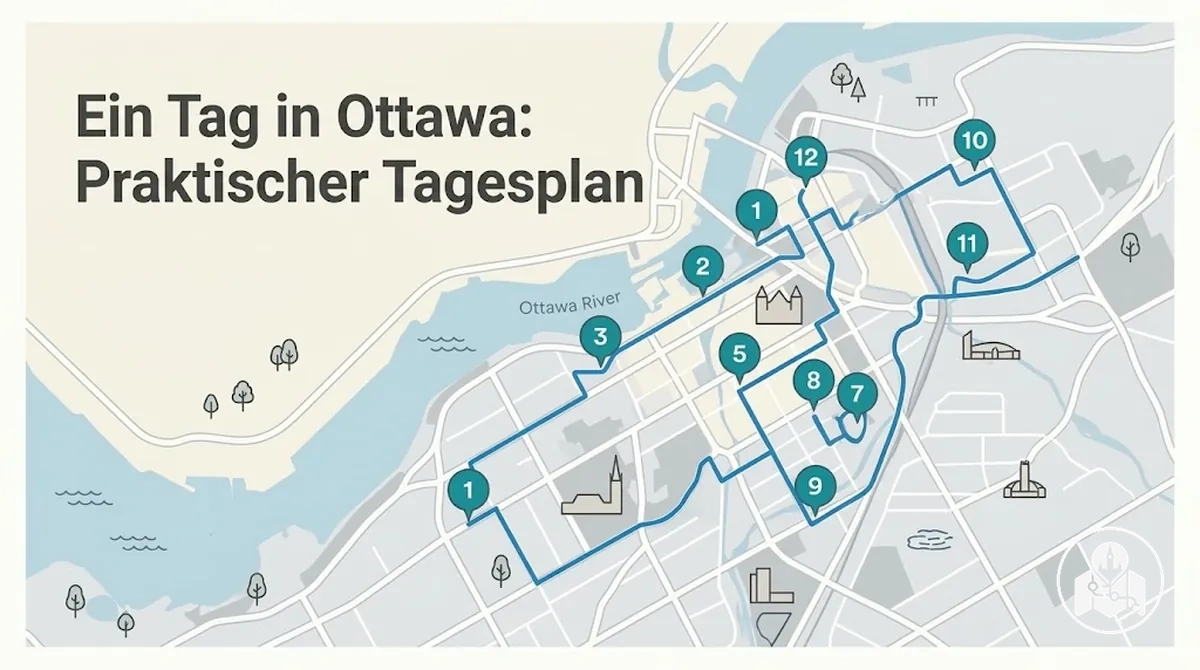Sightseeing-Route für einen Tag in Ottawa mit den zentralen Stopps in Reihenfolge