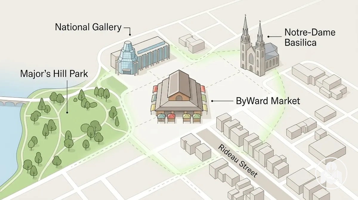 Kommentiertes Ottawa-Beispiel mit ByWard Market und nahegelegenen Sehenswürdigkeiten, gruppiert nach praktischer fußläufiger Nähe
