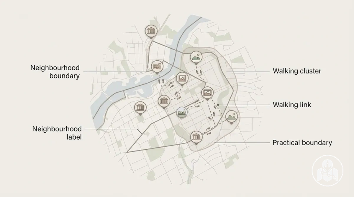 Vergleich einer Ottawa-Stadtteilbezeichnung mit einem praktischen Besichtigungscluster auf Grundlage der fußläufigen Nähe