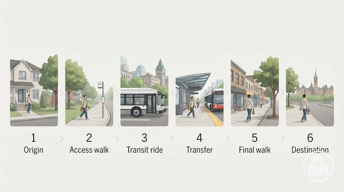 Abschnitte einer längeren Fahrt mit öffentlichen Verkehrsmitteln in Ottawa vom Ausgangspunkt zum Besichtigungsziel.