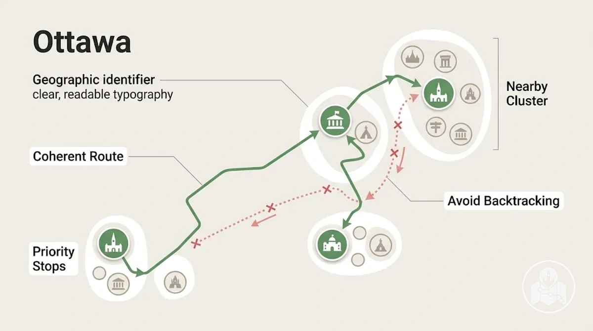 Diagramm einer Ottawa-Besichtigungsroute, die nahegelegene Attraktionen gruppiert, um Zurückfahren zu reduzieren