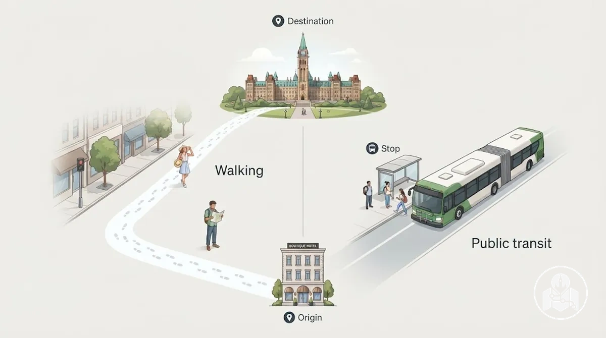 Gehen und öffentliche Verkehrsmittel als Alternativen für dieselbe Besichtigungsfahrt in Ottawa.
