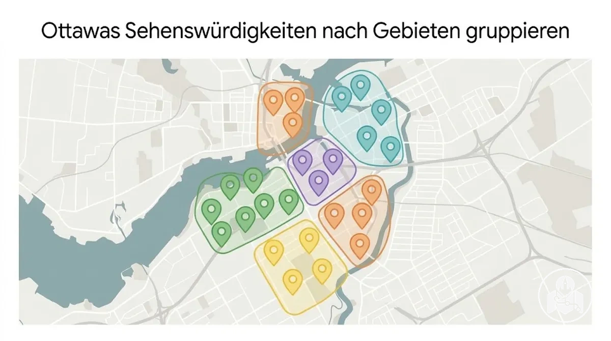 Ottawas Sehenswürdigkeiten auf einem Stadtplan nach nahegelegenen Sightseeing-Gebieten gruppiert