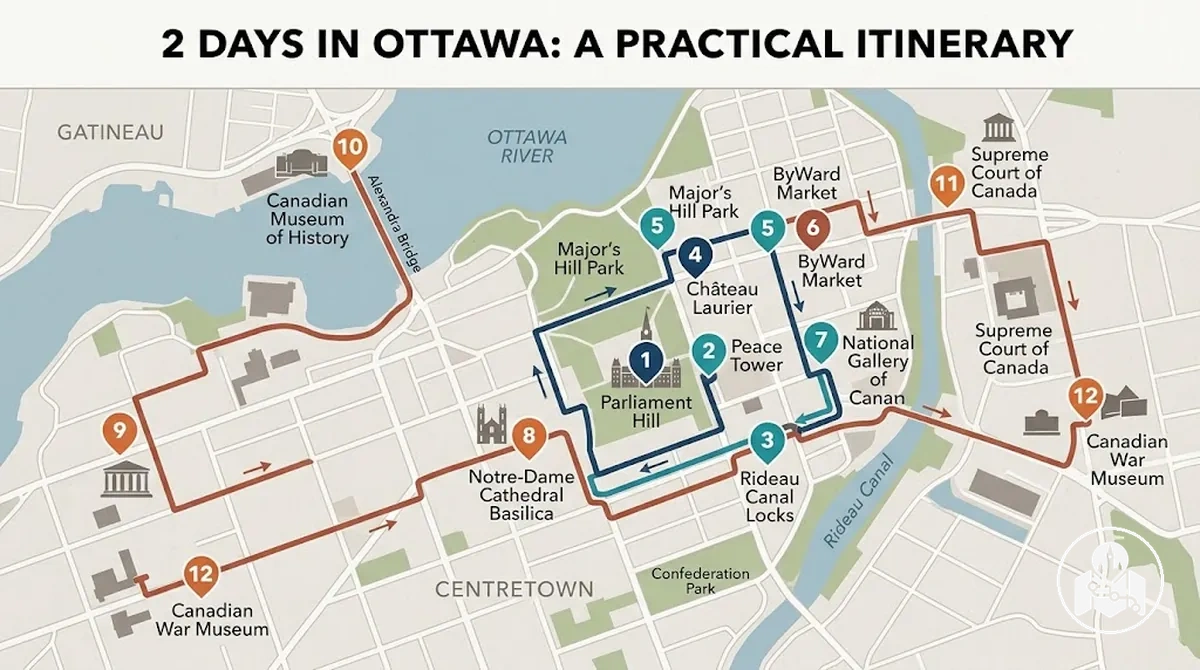 Two-day Ottawa itinerary divided into daily sightseeing routes