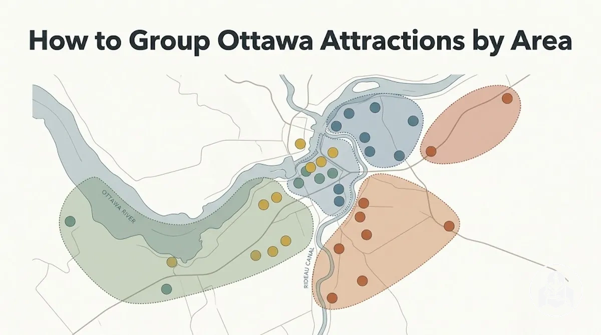 Ottawa attractions grouped by nearby sightseeing areas on a city map