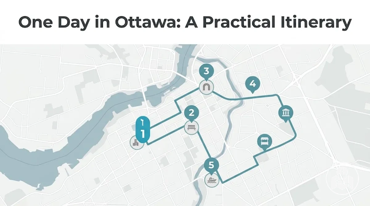One day Ottawa sightseeing route with major stops in sequence