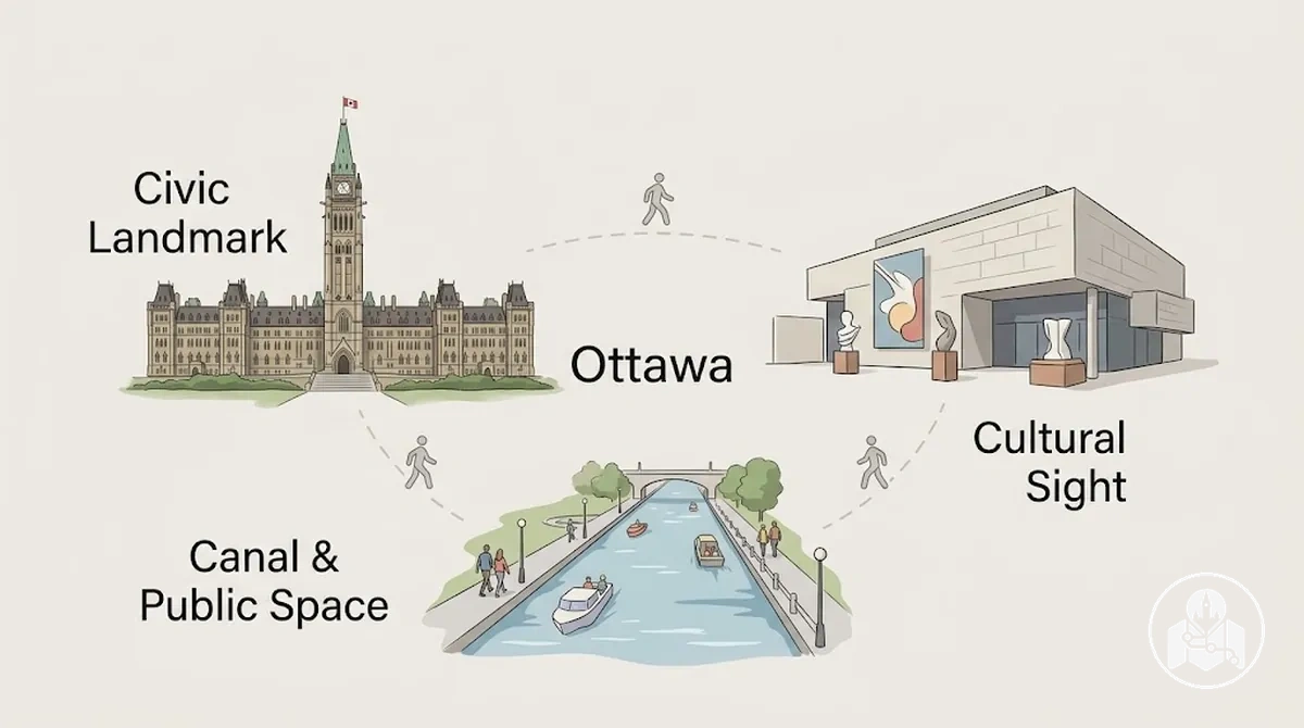 Examples of Ottawa first-visit sights representing civic, canal and cultural sightseeing priorities