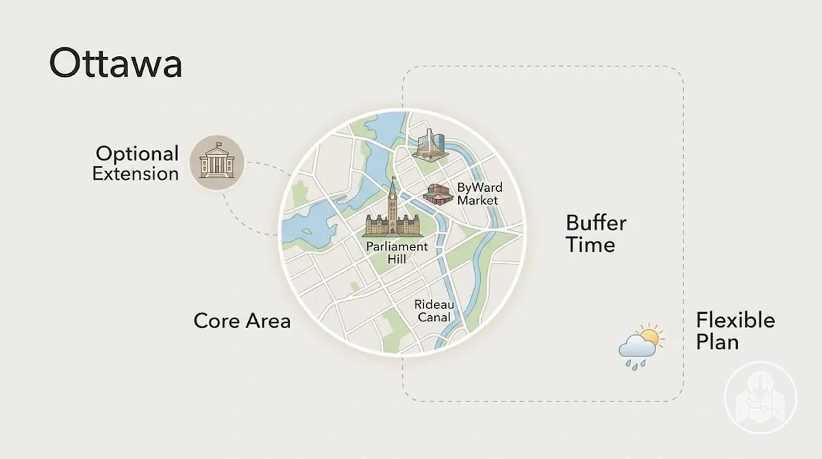 Three-day Ottawa itinerary illustration with broader sightseeing scope and flexible extension options