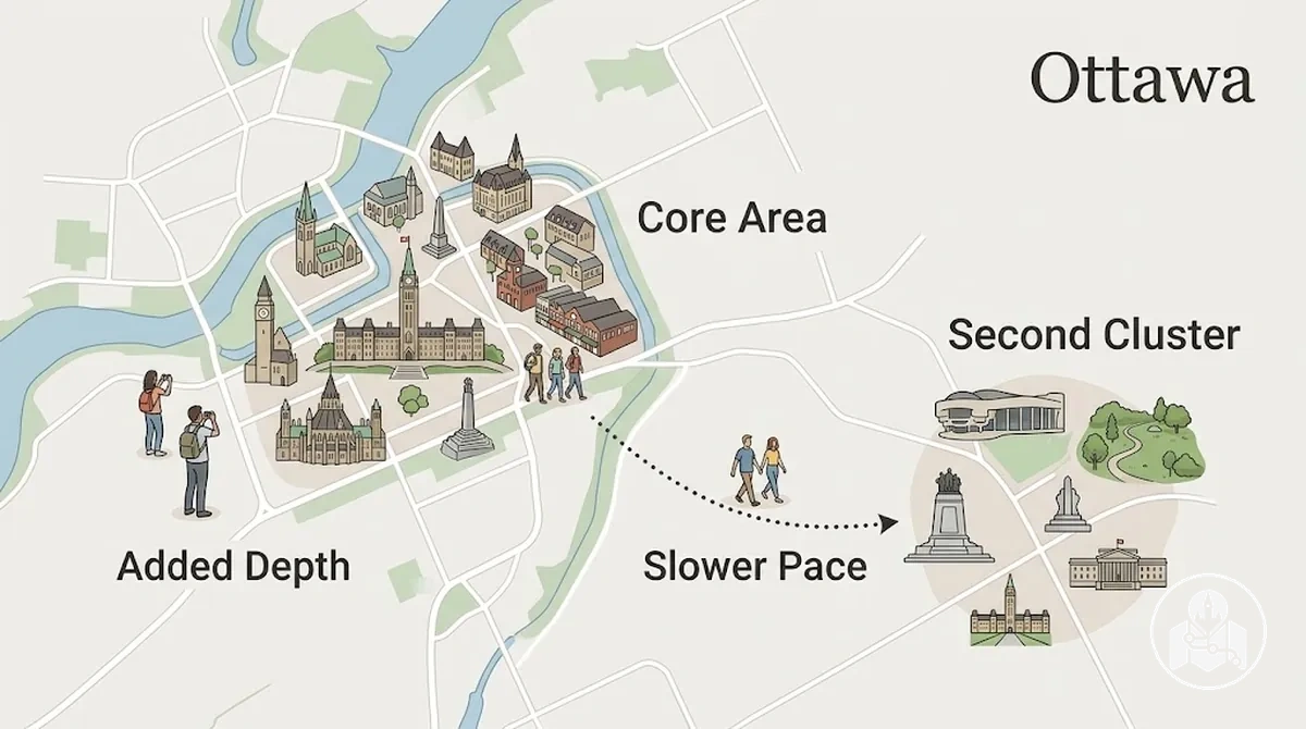 Two-day Ottawa sightseeing plan showing a core area and an added attraction cluster