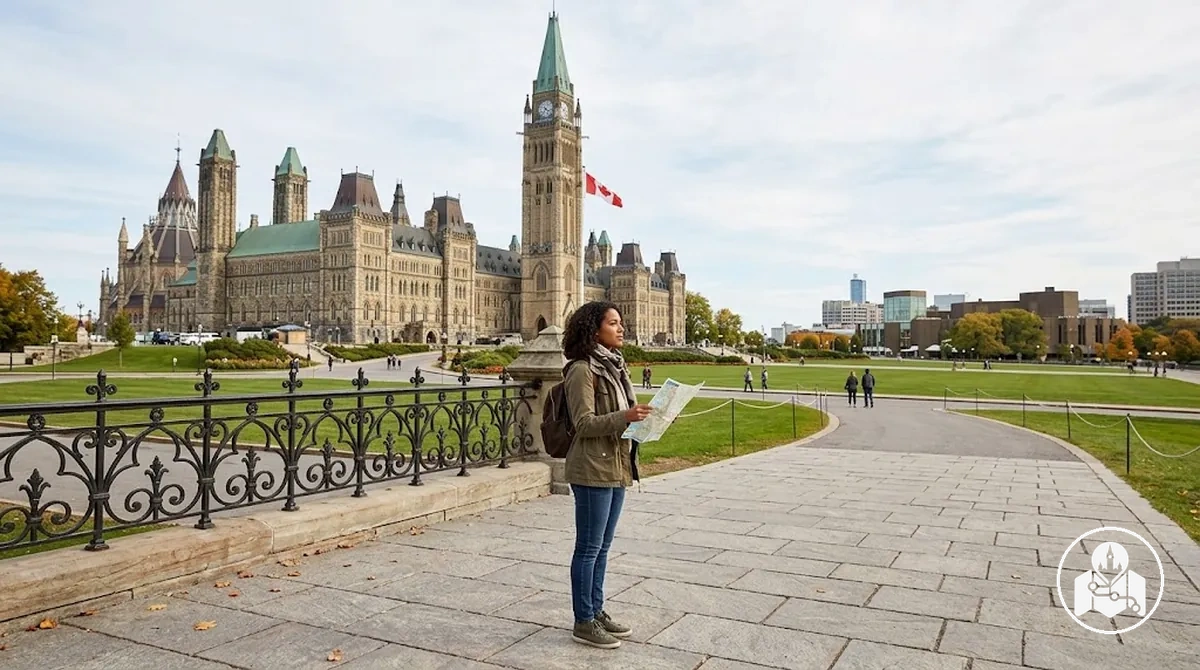 Visitor orienting at Parliament Hill before continuing the downtown Ottawa walking itinerary