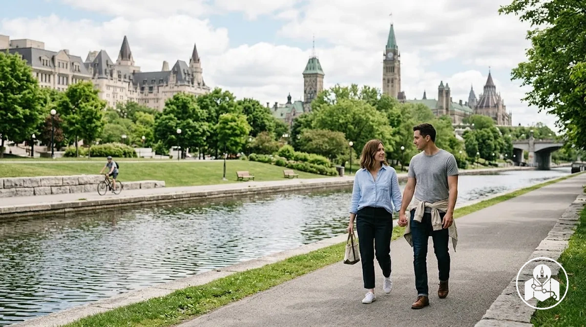 Couple enjoying a scenic Ottawa waterway or park during a city break.