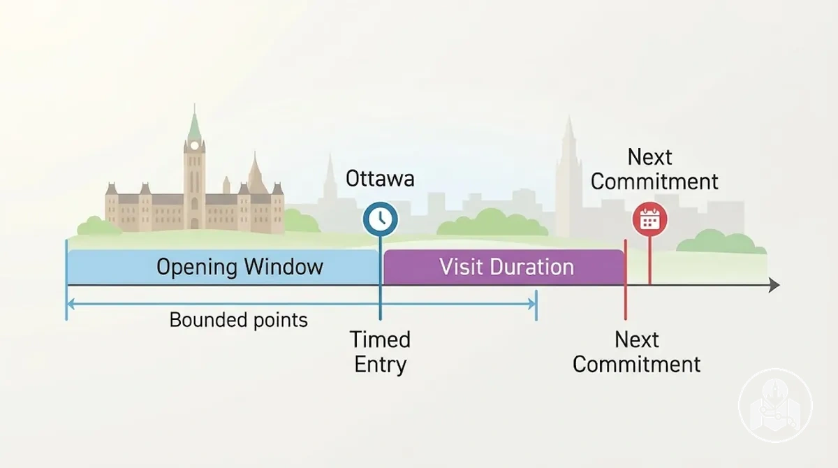 Annotated Ottawa attraction schedule showing opening window, timed entry, visit duration and the next itinerary commitment