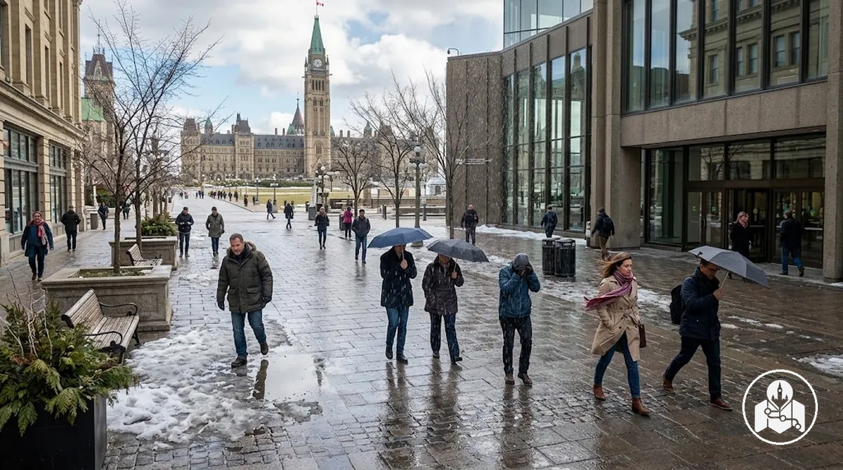 Changing rain, snow and weather conditions affecting outdoor sightseeing in Ottawa