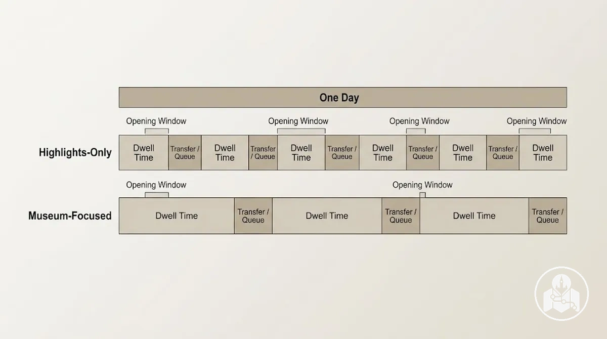 One-day sightseeing diagram showing how attraction dwell time, transfers and queues affect the feasible number of major stops