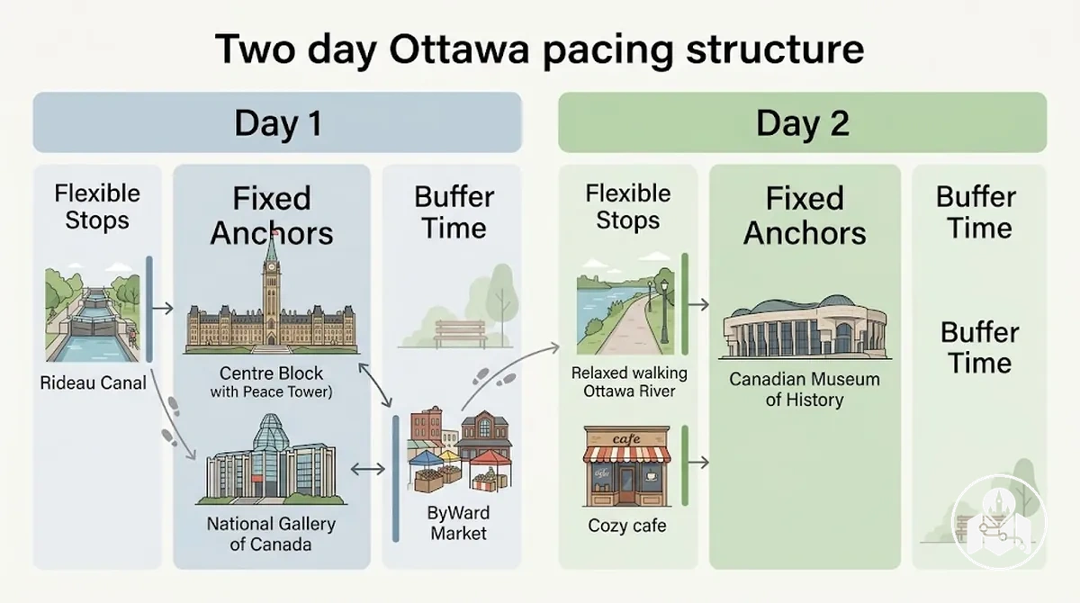 Two-day Ottawa pacing diagram with priority sights, flexible stops and buffer time