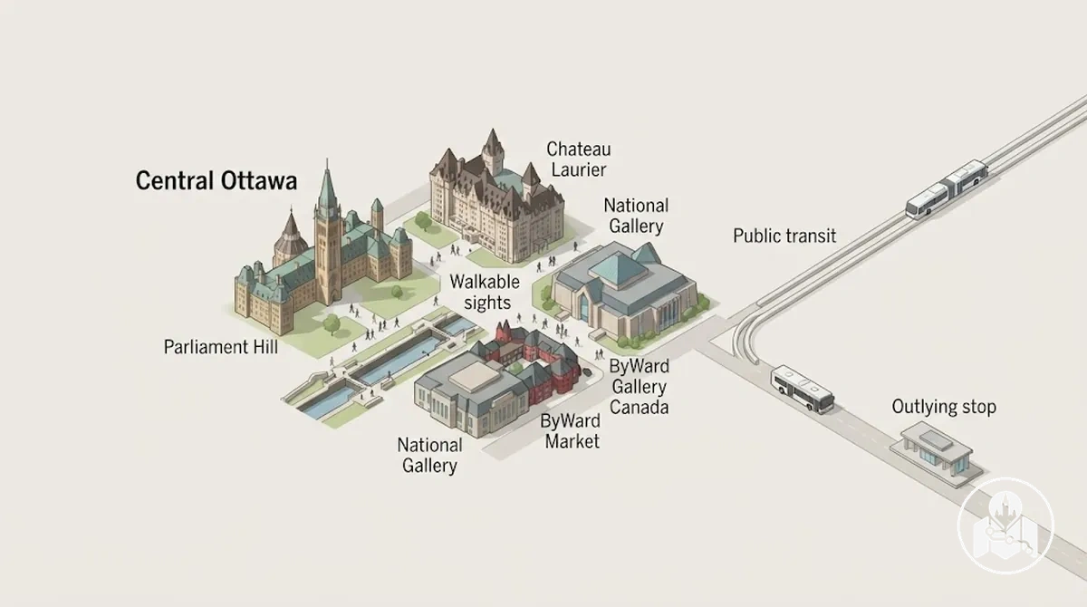 Central Ottawa sightseeing areas connected by walking and public transit for a car-free visit