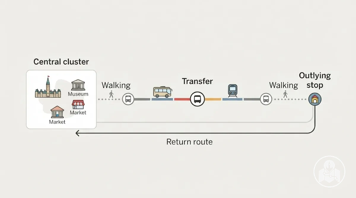 Outlying Ottawa attraction access showing walking, transfers and return feasibility for a car-free itinerary