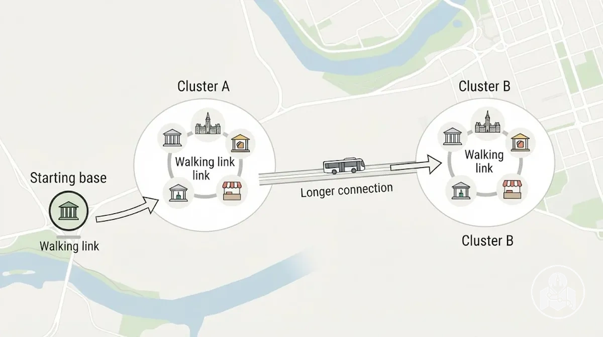 Ottawa car-free route grouped into walkable sightseeing areas with longer connections between clusters