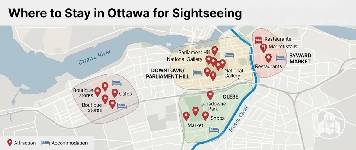 Ottawa sightseeing areas showing convenient places to stay near attractions