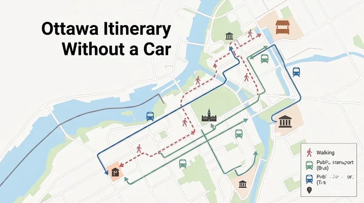 Car-free Ottawa itinerary using walking and public transport between attractions