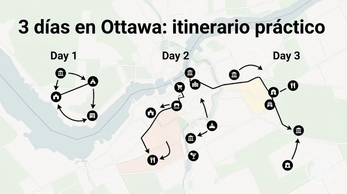 Itinerario de tres días por Ottawa con atracciones agrupadas por día y zona