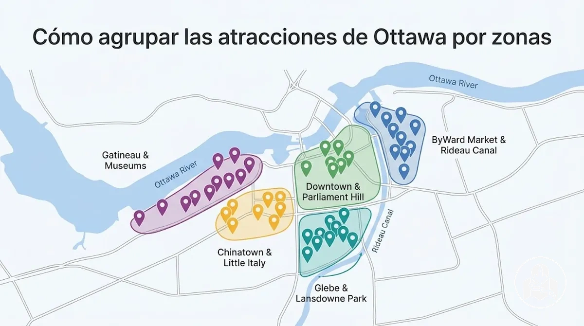 Atracciones de Ottawa agrupadas por zonas turísticas cercanas en un mapa de la ciudad