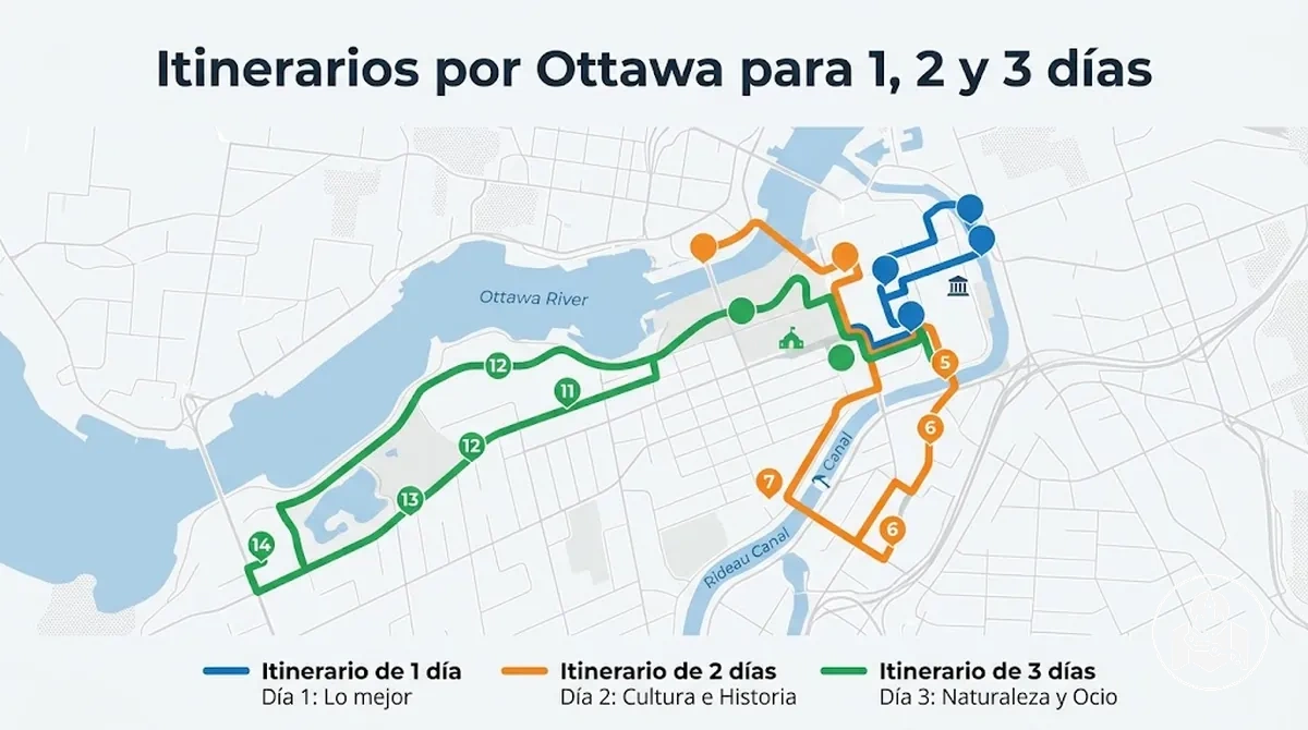 Mapa de Ottawa con rutas para itinerarios de uno, dos y tres días