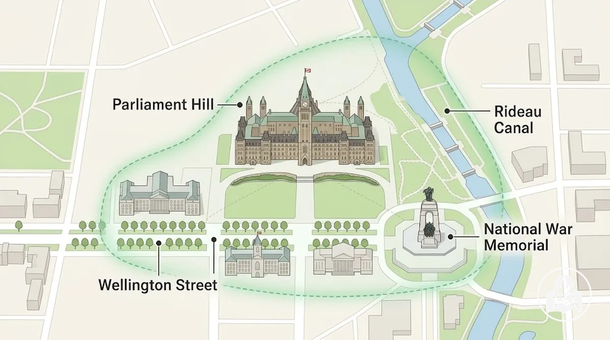 Ejemplo anotado de Ottawa que muestra la colina del Parlamento y los lugares de interés cercanos del centro agrupados por proximidad práctica