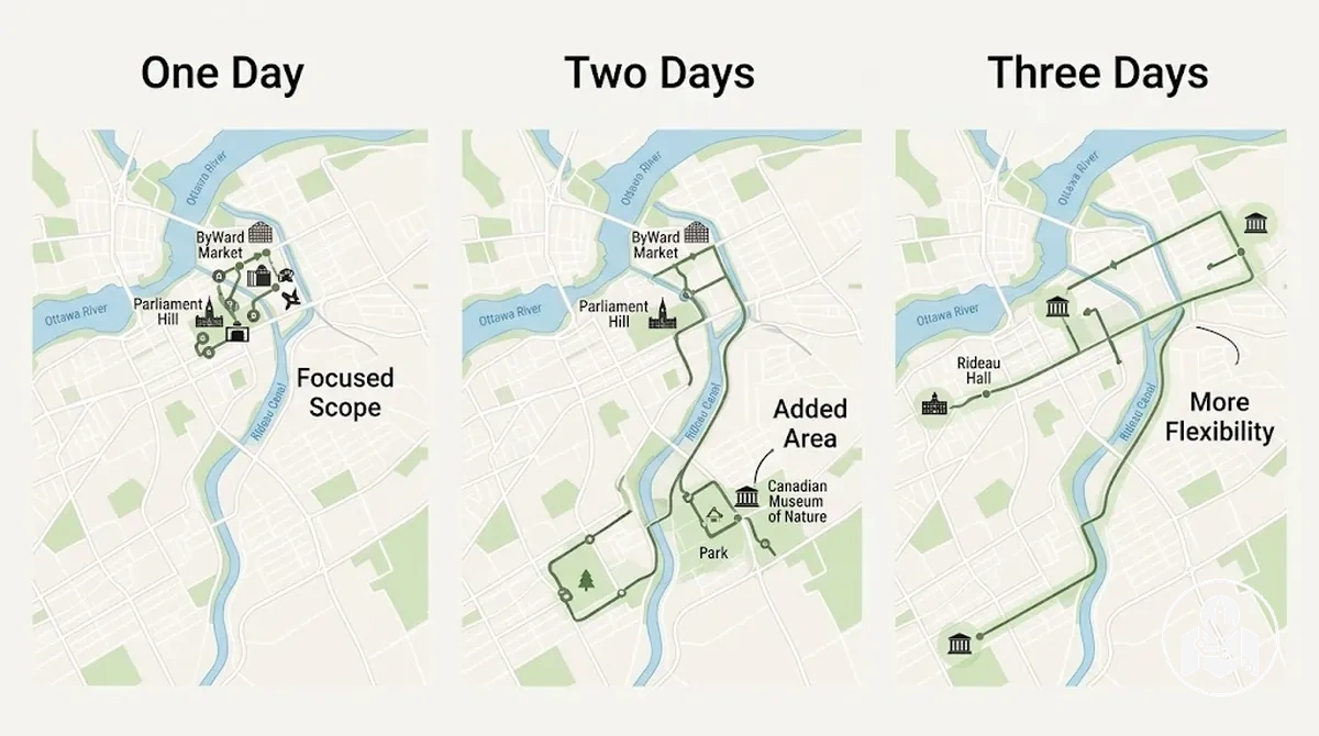 Comparativa del alcance de las visitas por Ottawa para estancias de uno, dos y tres días