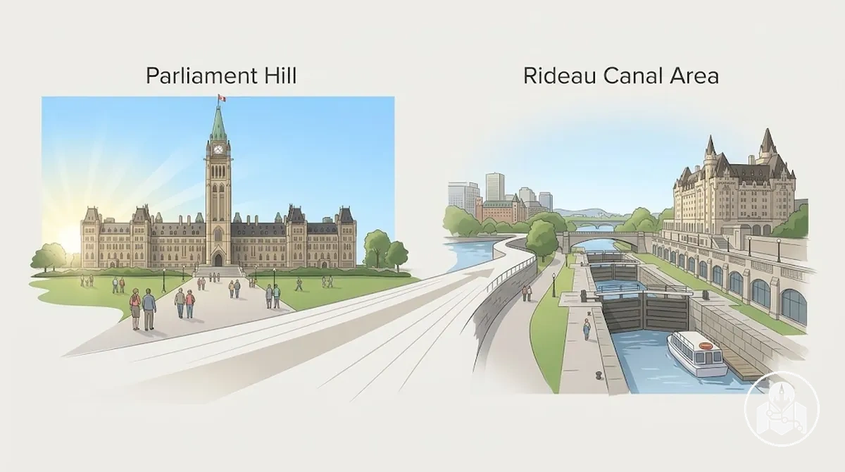 Secuencia de visitas de la mañana desde Parliament Hill hacia la zona cercana del canal Rideau en el centro de Ottawa