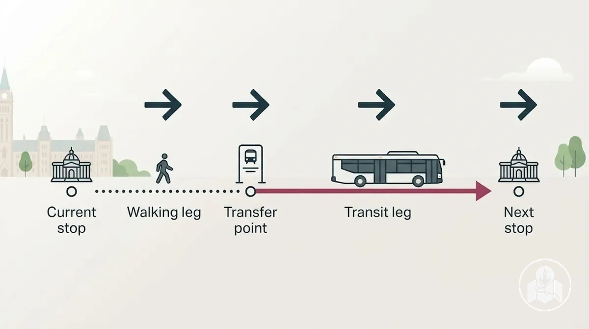 Segmento de ruta por Ottawa sin coche que muestra desplazamientos a pie entre paradas cercanas y transporte público para una conexión más larga