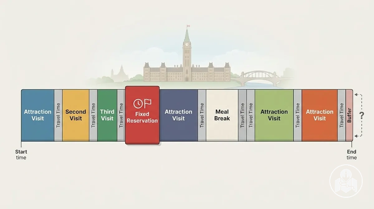Itinerario sobrecargado de Ottawa con visitas a atracciones, tiempo de desplazamiento y pausas compitiendo por el mismo día