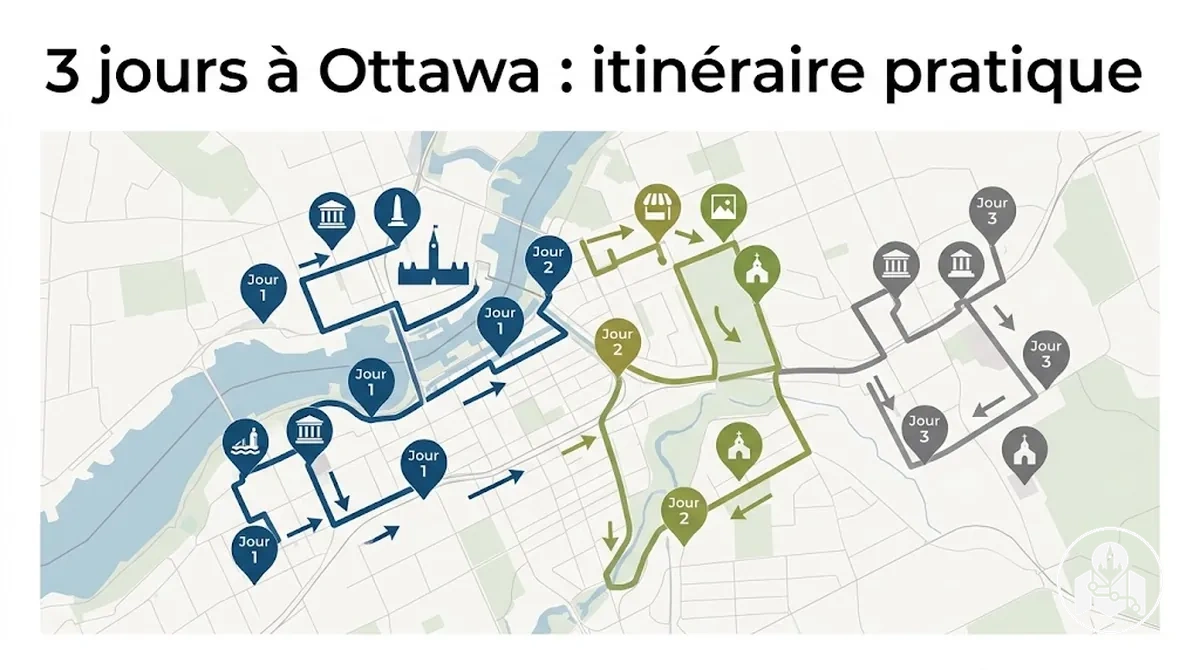 Itinéraire de trois jours à Ottawa avec les attractions regroupées par jour et par secteur