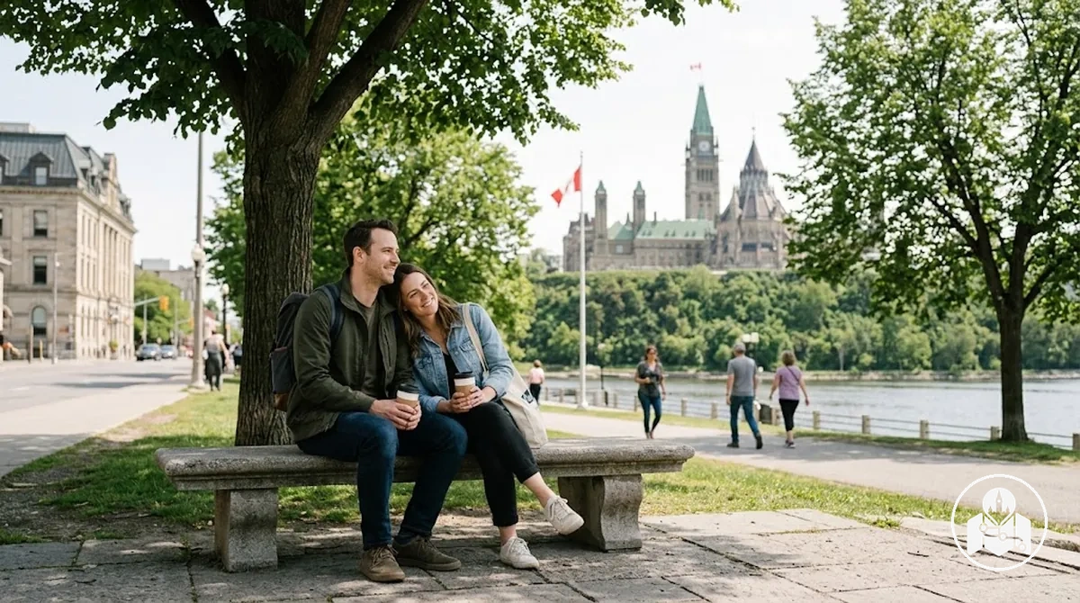 Couple prenant une pause détendue entre les visites à Ottawa.