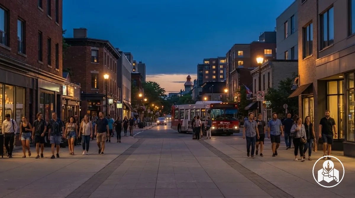 Secteur d’hébergement du centre d’Ottawa au crépuscule montrant l’itinéraire piéton environnant, l’éclairage des espaces publics et le contexte de transport