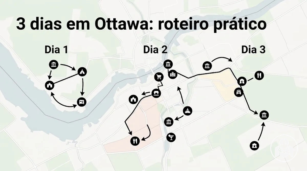 Roteiro de três dias por Ottawa com atrações agrupadas por dia e região