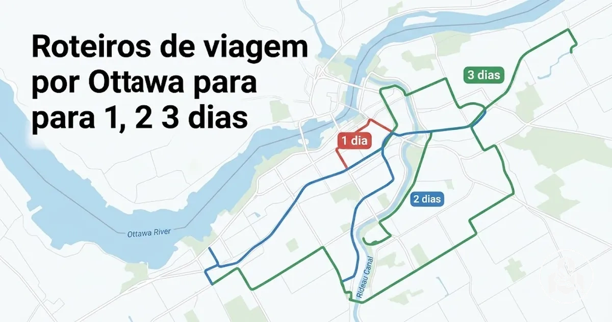 Mapa de Ottawa com rotas para roteiros de um, dois e três dias