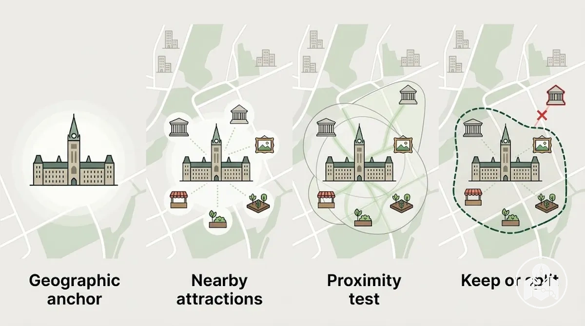 Visual de quatro etapas para agrupar atrações de Ottawa em torno de uma âncora e testar a proximidade a pé