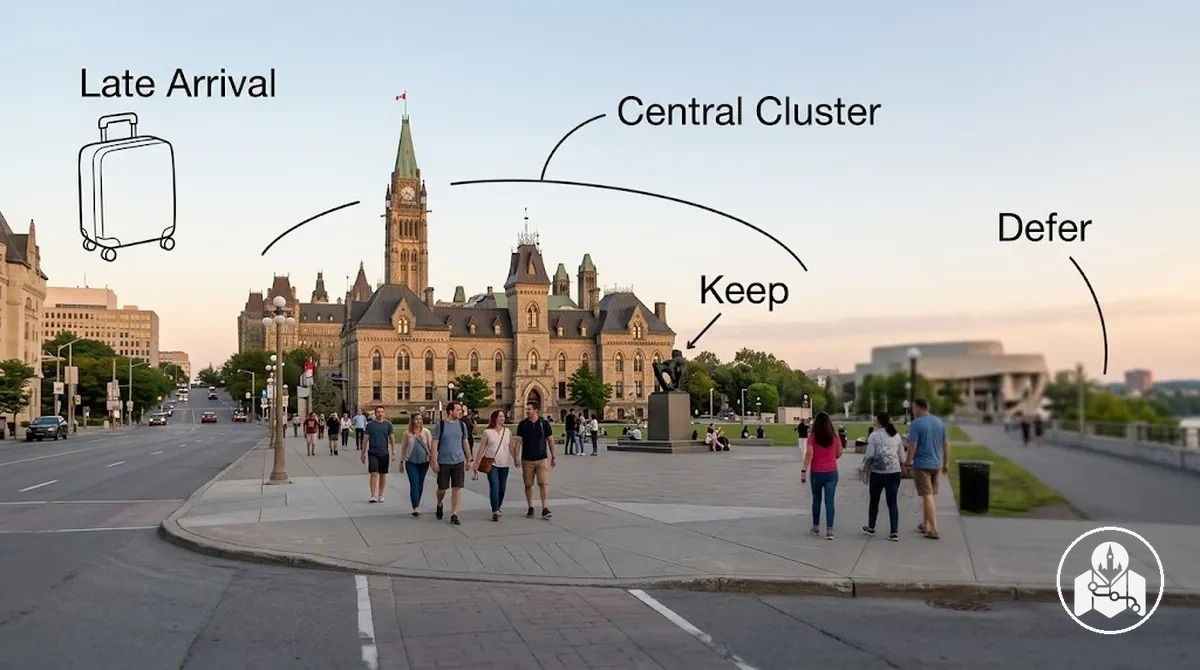 Ottawa central à noite para um primeiro dia encurtado após uma chegada tarde.