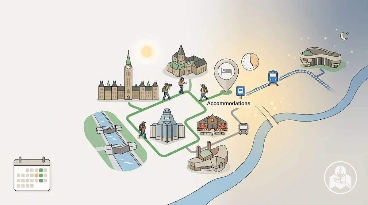 Área de hospedagem em Ottawa com atrações próximas, conexões a pé e de transporte público, e contexto de deslocamento diurno e noturno
