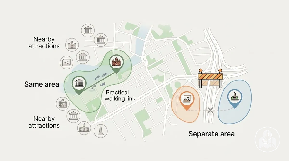 Diagrama mostrando como a localização e a praticidade a pé determinam se as atrações de Ottawa pertencem à mesma área de visitação