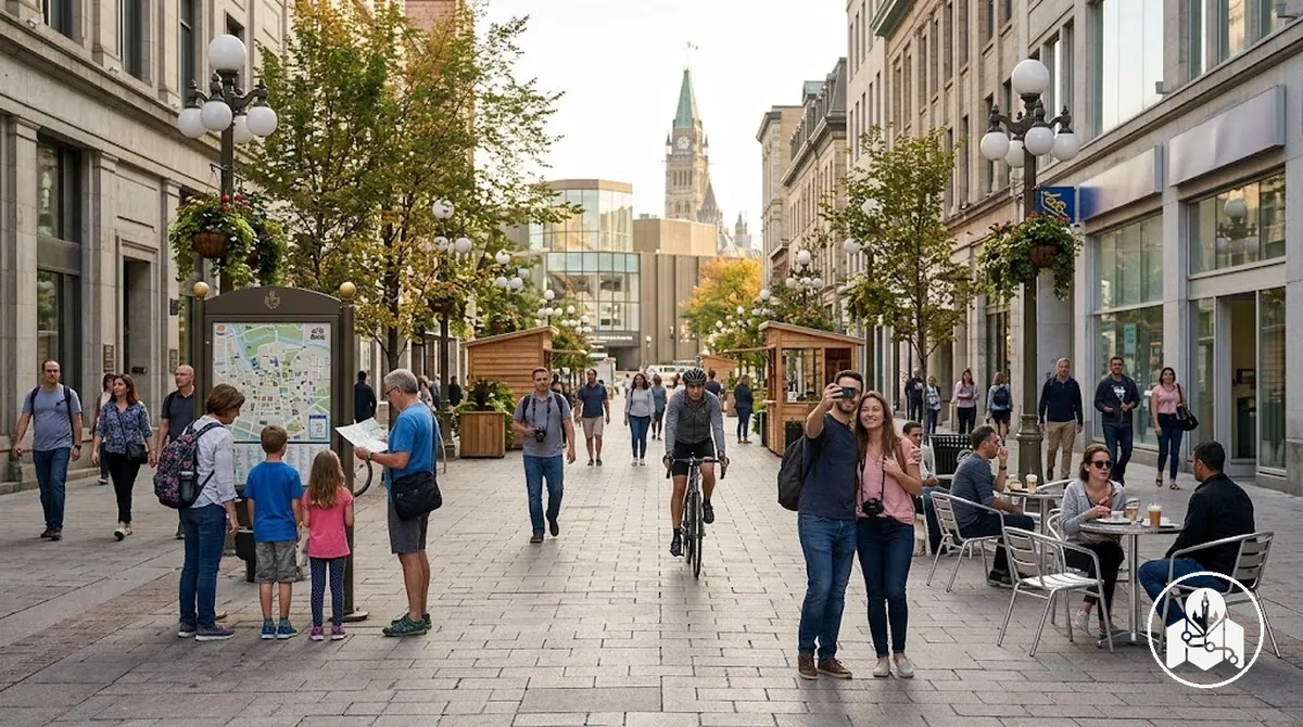 Atividade moderada de pedestres em uma área pública de passeio em Ottawa durante um período de evento sazonal