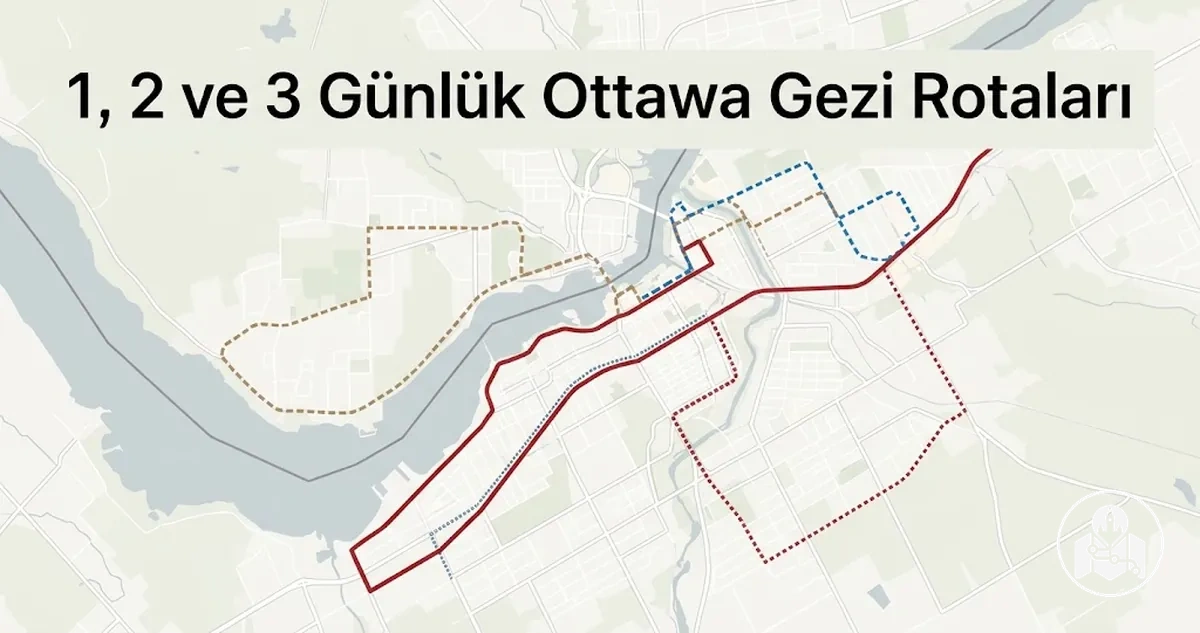 Ottawa'da bir, iki ve üç günlük gezi rotalarını gösteren harita