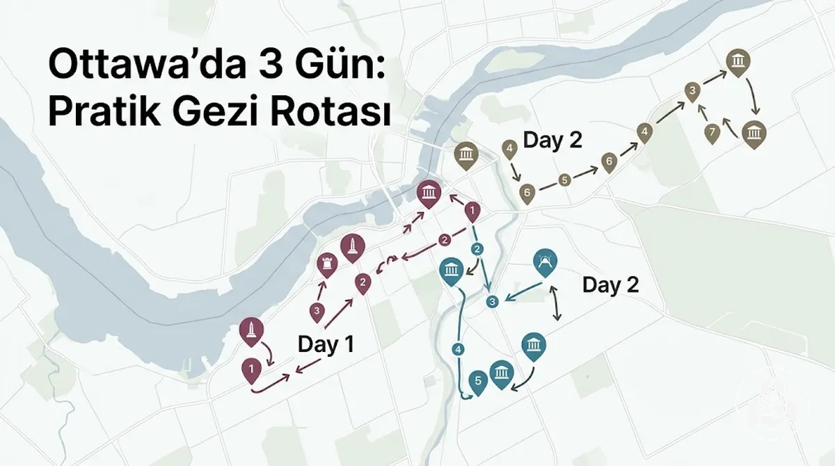 Ottawa'da gezilecek yerlerin gün ve bölgelere göre gruplandığı üç günlük rota