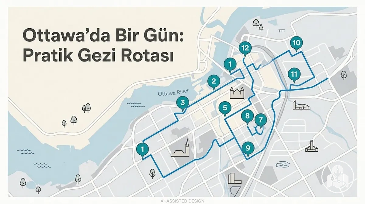 Ottawa'da önemli durakları sırayla gösteren bir günlük gezi rotası