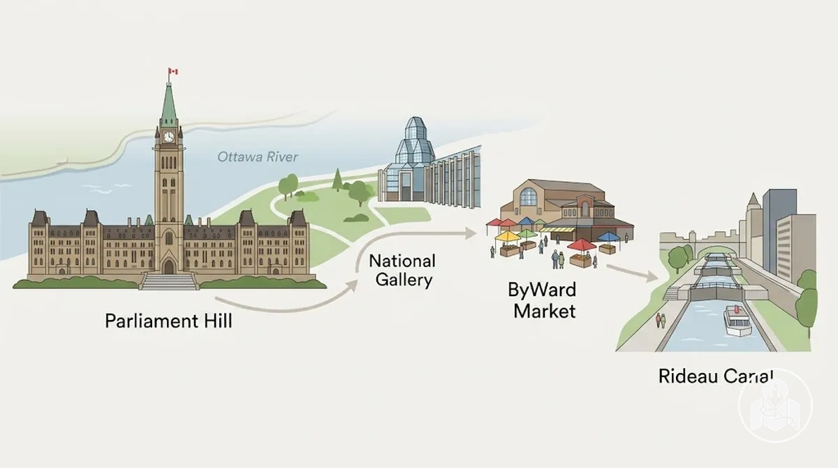 Parlamento Tepesi, ByWard Market ve Rideau Kanalı'nı birleştiren 1. gün rotası
